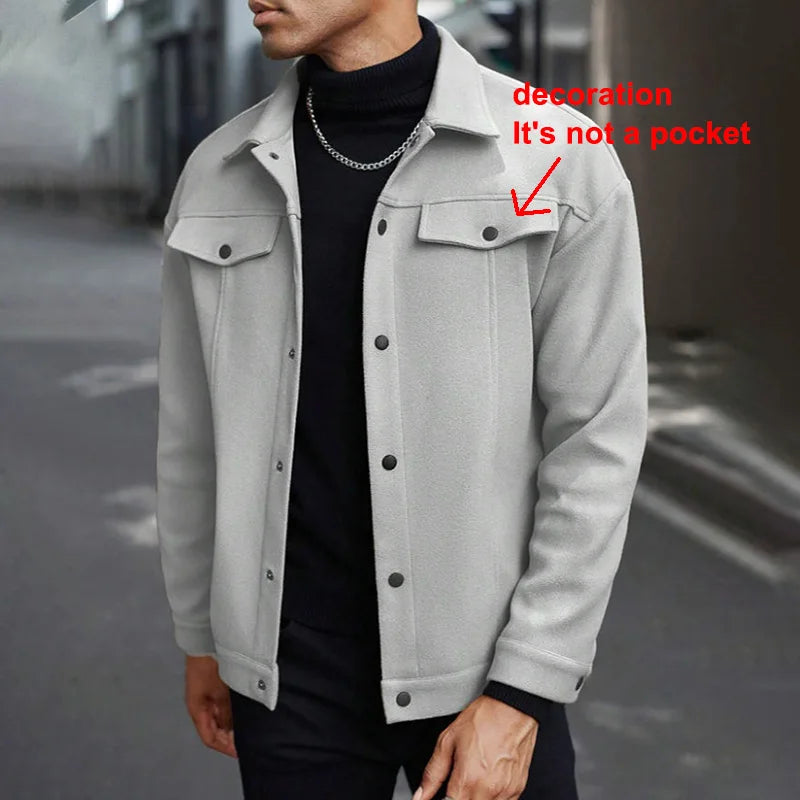 Men's Polyester Brushed Jacket, Lapel Button/Zipper Coat with Pocket, Comfortable Casual Autumn Winter Office Business Wear