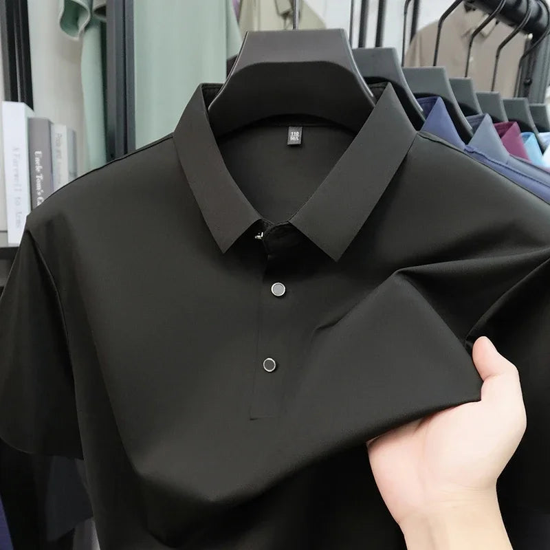 2026 New Men's Solid Polo Shirt Wrinkle Resistant Ice Silk Fabric Short Sleeve For Office And Casual