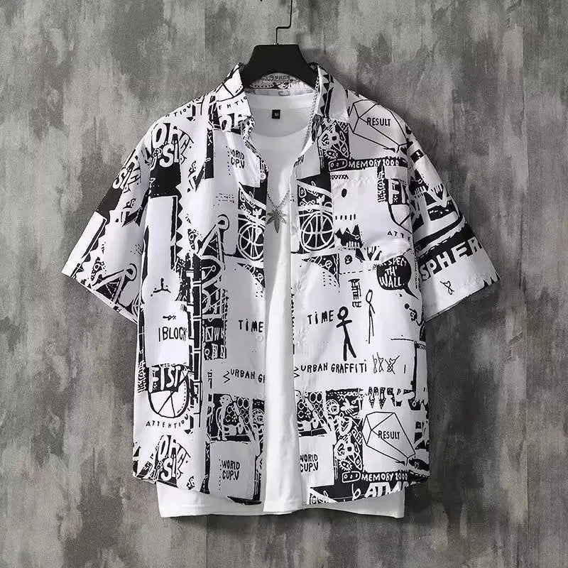Japanese Retro Printed Short-Sleeve Shirt for Men,Trendy Brand Letter Shirt, Loose Casual VersatileThin Short-Sleeve Dress Shirt