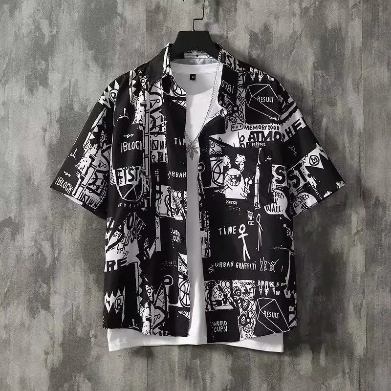 Japanese Retro Printed Short-Sleeve Shirt for Men,Trendy Brand Letter Shirt, Loose Casual VersatileThin Short-Sleeve Dress Shirt