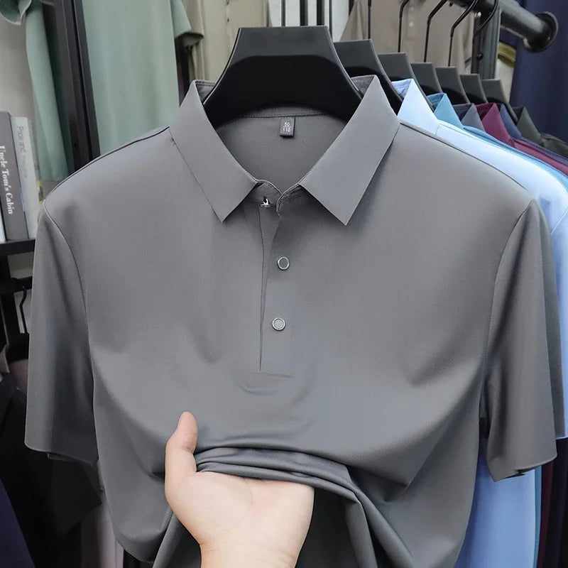 2026 New Men's Solid Polo Shirt Wrinkle Resistant Ice Silk Fabric Short Sleeve For Office And Casual