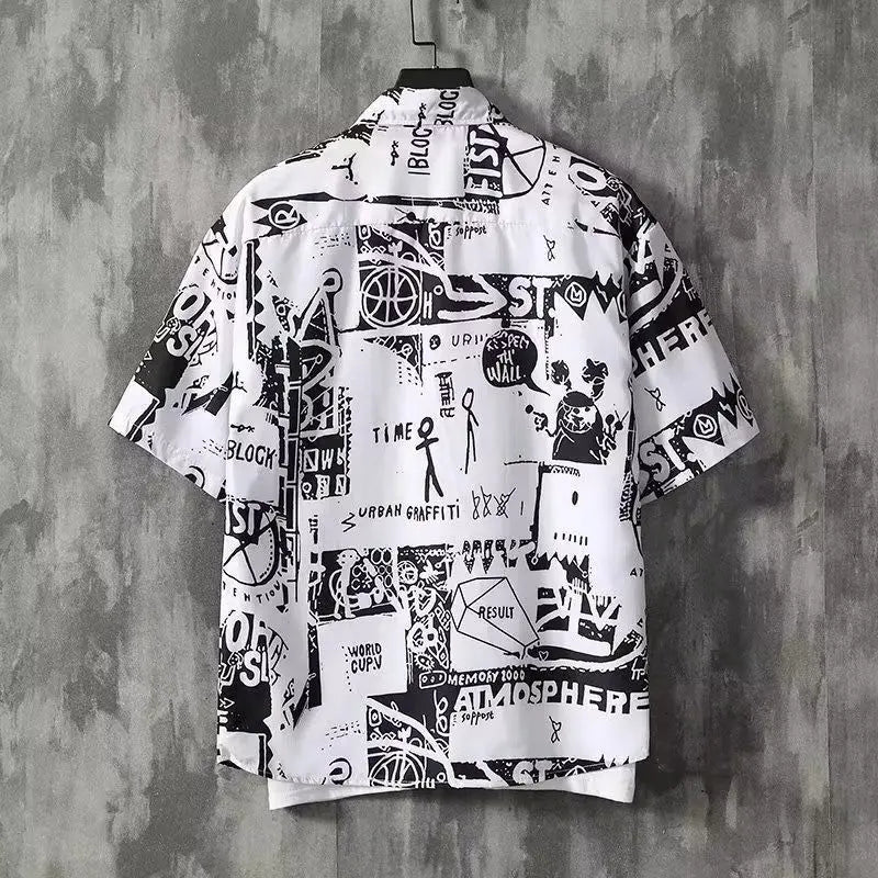 Japanese Retro Printed Short-Sleeve Shirt for Men,Trendy Brand Letter Shirt, Loose Casual VersatileThin Short-Sleeve Dress Shirt