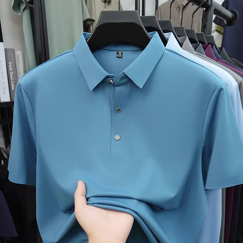 2026 New Men's Solid Polo Shirt Wrinkle Resistant Ice Silk Fabric Short Sleeve For Office And Casual