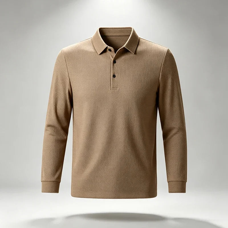 Men Business Casual Lapel Long Sleeve Polo Top Subtle Texture Fabric Placket Regular Cut All Match Comfort Daily Wear Shirt