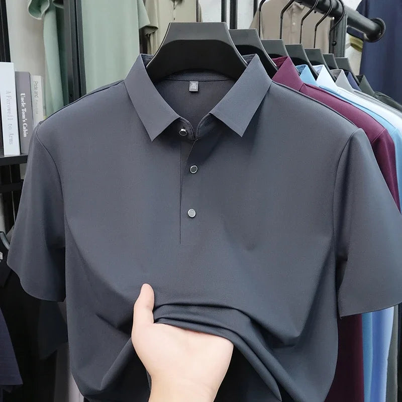 2026 New Men's Solid Polo Shirt Wrinkle Resistant Ice Silk Fabric Short Sleeve For Office And Casual