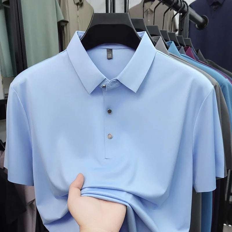 2026 New Men's Solid Polo Shirt Wrinkle Resistant Ice Silk Fabric Short Sleeve For Office And Casual