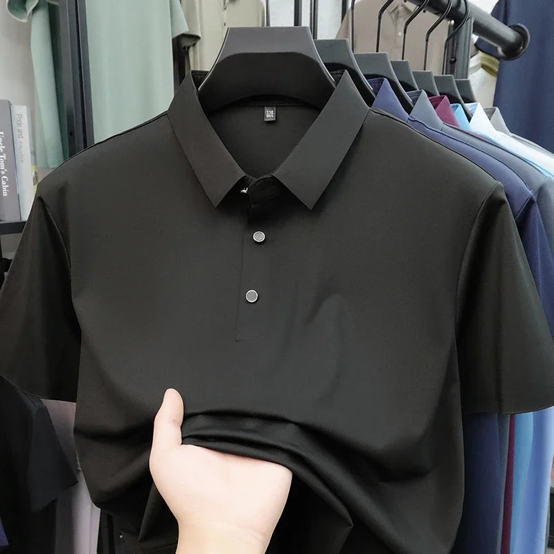 2026 New Men's Solid Polo Shirt Wrinkle Resistant Ice Silk Fabric Short Sleeve For Office And Casual