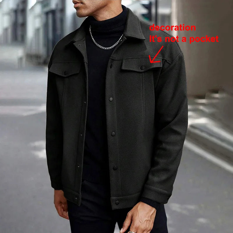 Men's Polyester Brushed Jacket, Lapel Button/Zipper Coat with Pocket, Comfortable Casual Autumn Winter Office Business Wear