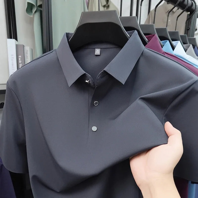 2026 New Men's Solid Polo Shirt Wrinkle Resistant Ice Silk Fabric Short Sleeve For Office And Casual