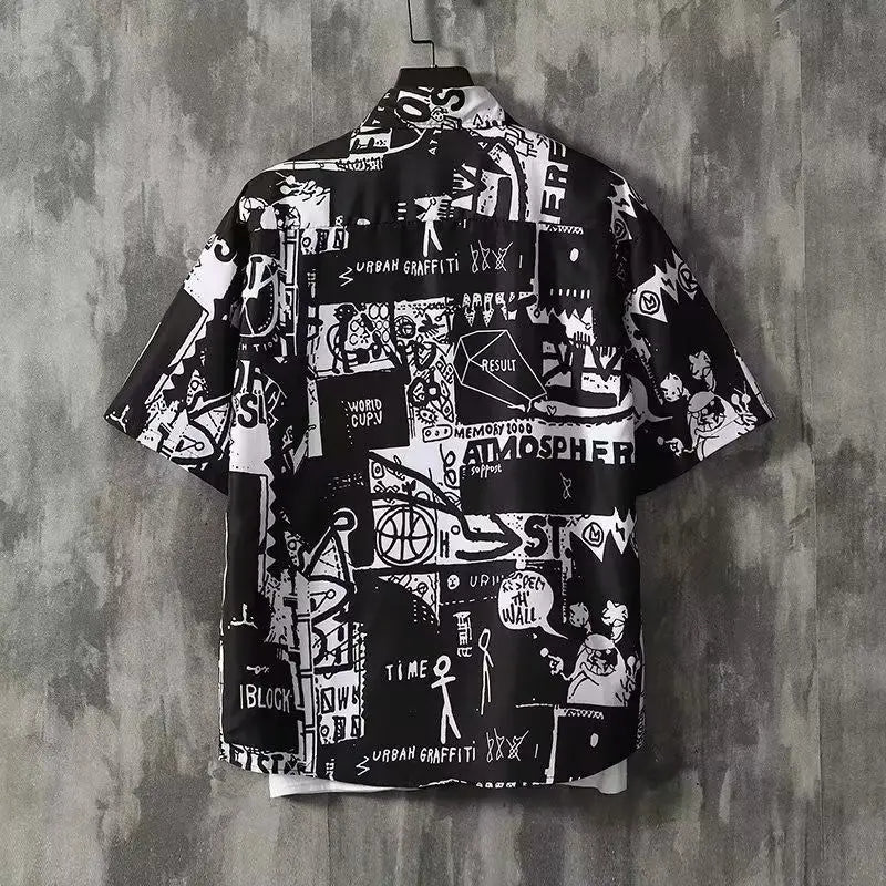 Japanese Retro Printed Short-Sleeve Shirt for Men,Trendy Brand Letter Shirt, Loose Casual VersatileThin Short-Sleeve Dress Shirt