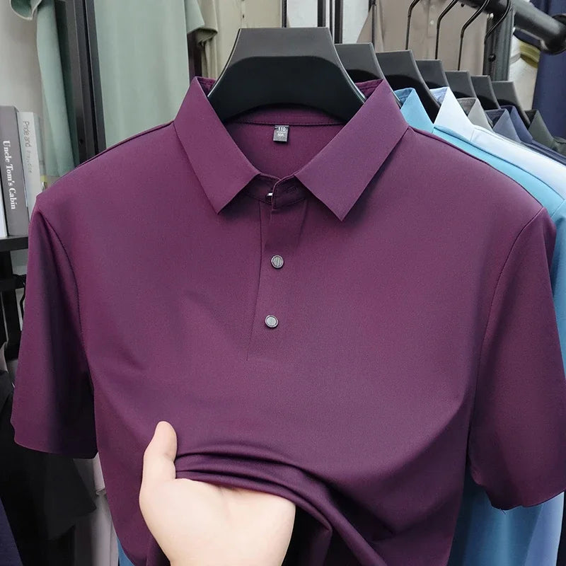 2026 New Men's Solid Polo Shirt Wrinkle Resistant Ice Silk Fabric Short Sleeve For Office And Casual