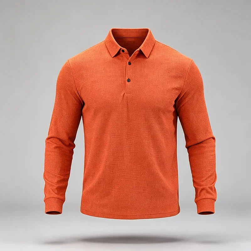 Men Business Casual Lapel Long Sleeve Polo Top Subtle Texture Fabric Placket Regular Cut All Match Comfort Daily Wear Shirt