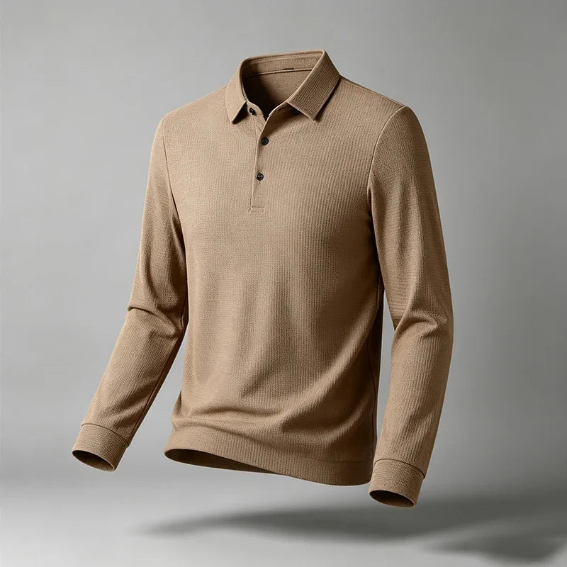 Men Business Casual Lapel Long Sleeve Polo Top Subtle Texture Fabric Placket Regular Cut All Match Comfort Daily Wear Shirt