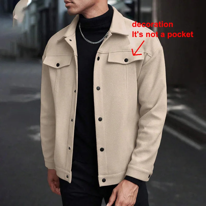 Men's Polyester Brushed Jacket, Lapel Button/Zipper Coat with Pocket, Comfortable Casual Autumn Winter Office Business Wear