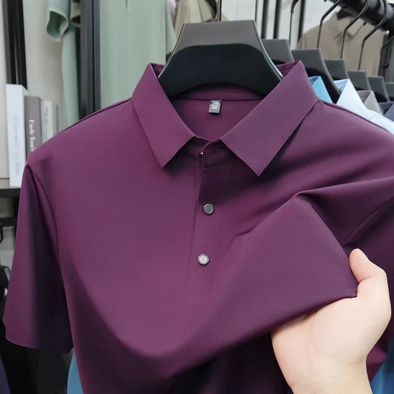 2026 New Men's Solid Polo Shirt Wrinkle Resistant Ice Silk Fabric Short Sleeve For Office And Casual