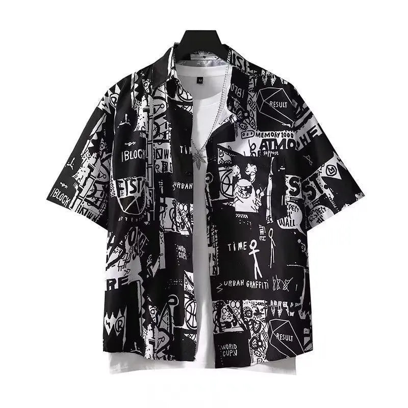 Japanese Retro Printed Short-Sleeve Shirt for Men,Trendy Brand Letter Shirt, Loose Casual VersatileThin Short-Sleeve Dress Shirt