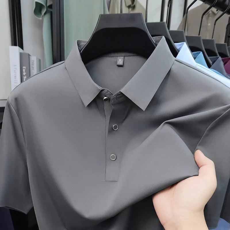 2026 New Men's Solid Polo Shirt Wrinkle Resistant Ice Silk Fabric Short Sleeve For Office And Casual